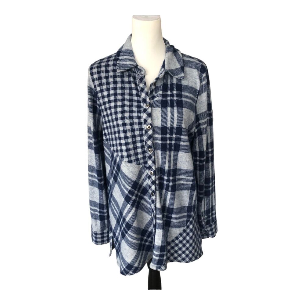 Soft Surroundings Plaid Oversized Long Line Super Soft Navy Gray Shacket Top Med